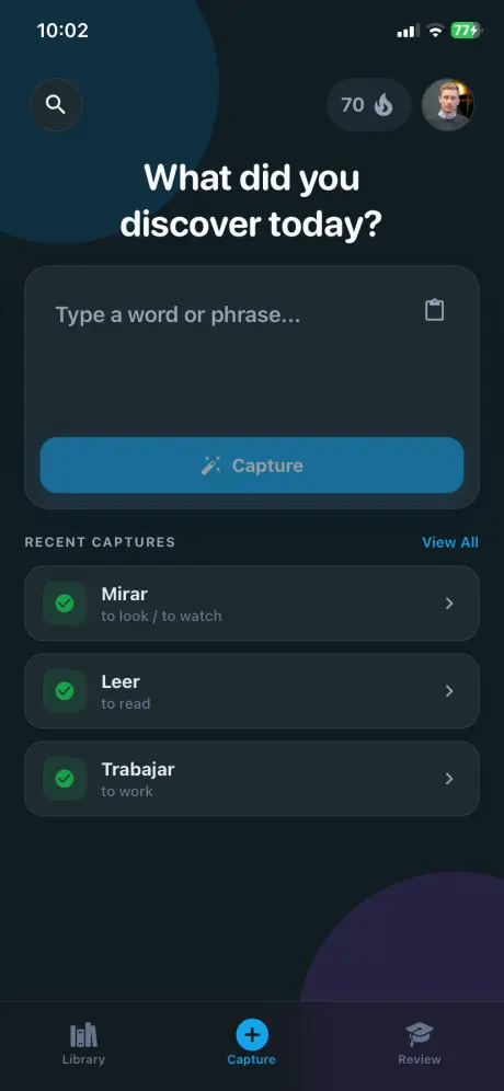 Palabrium capture screen with quick input and recent captures