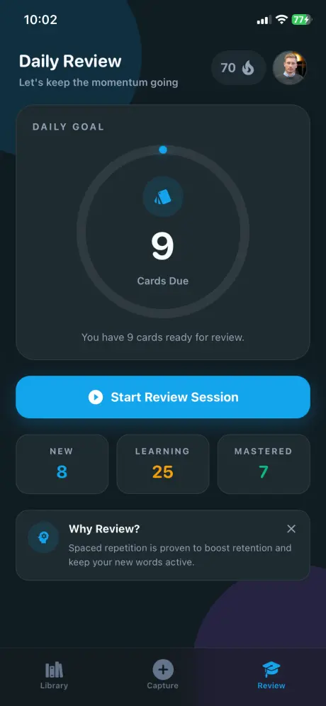 Palabrium review dashboard with cards due and progress ring