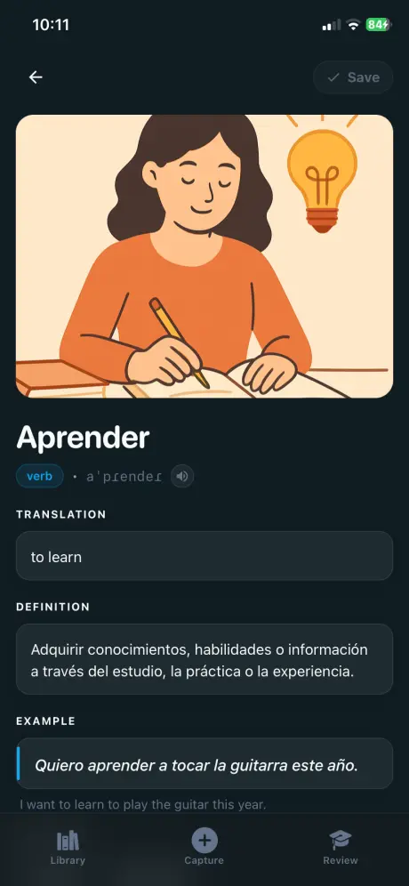 Word card in Palabrium with translation and example fields